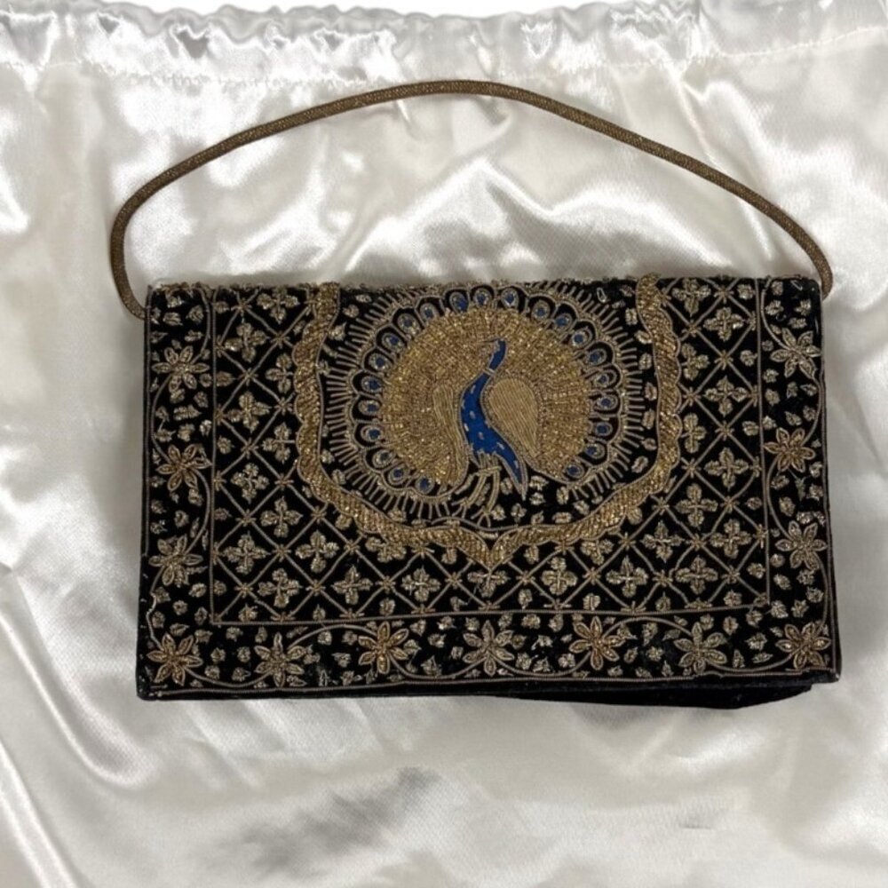 Vintage Black Velvet Peacock Gold Embroidered Beaded Floral Evening Bag Clutch - Picture 16 of 16